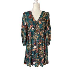ANTHROPOLOGIE FARM RIO Ariyah Tiered V-Neck Botanical Mini Dress, Green Floral S